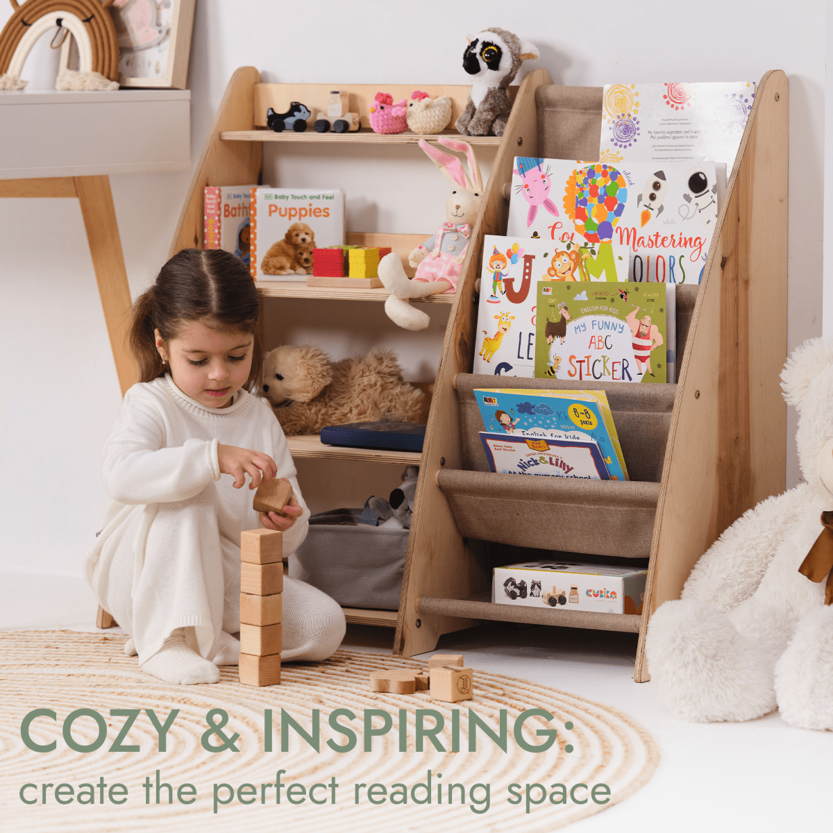 2-in-1 Montessori Bookshelf – Wooden Storage for Books & Toys