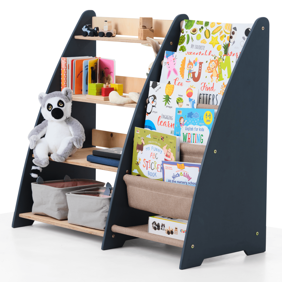 2-in-1 Montessori Bookshelf – Wooden Storage for Books & Toys