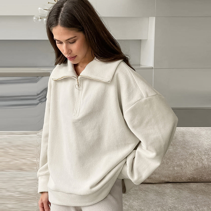 Relaxed Zip-Collar Hoodie – Beige & Espresso