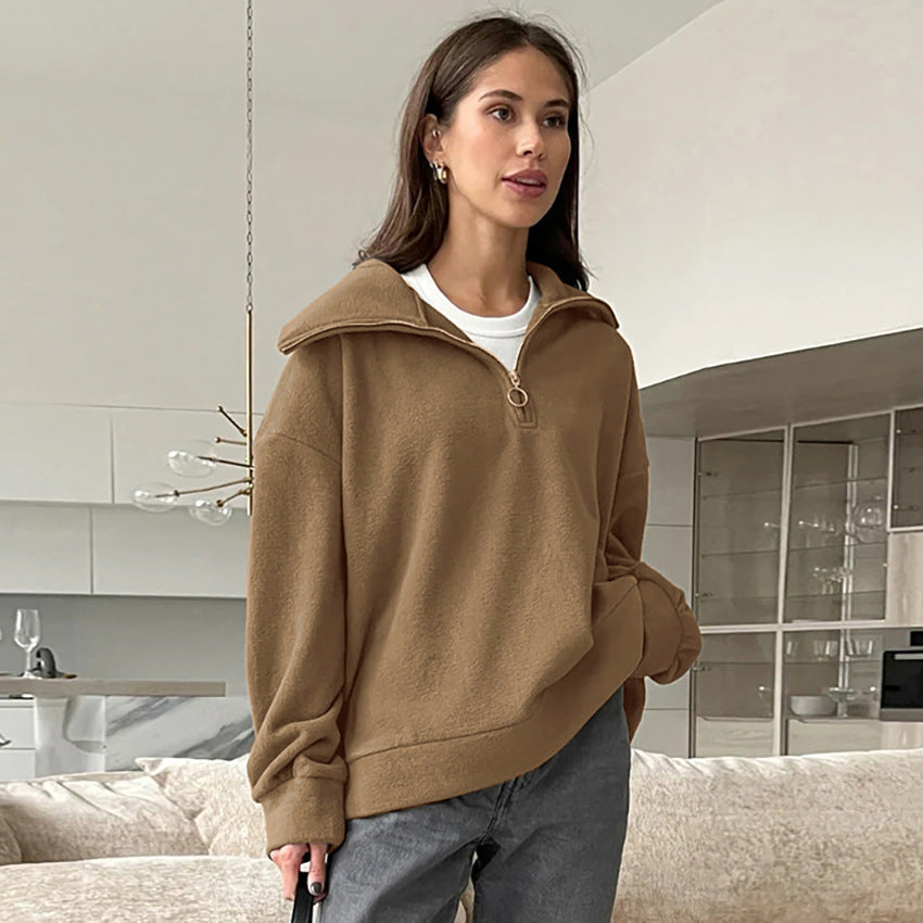 Relaxed Zip-Collar Hoodie – Beige & Espresso