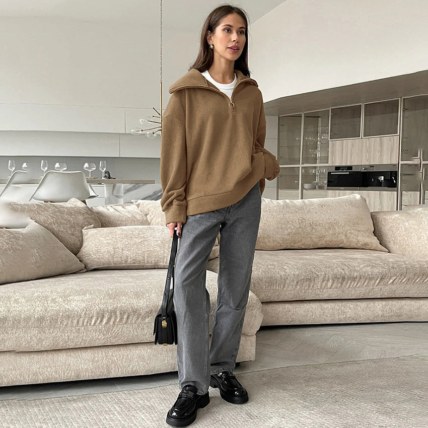 Relaxed Zip-Collar Hoodie – Beige & Espresso