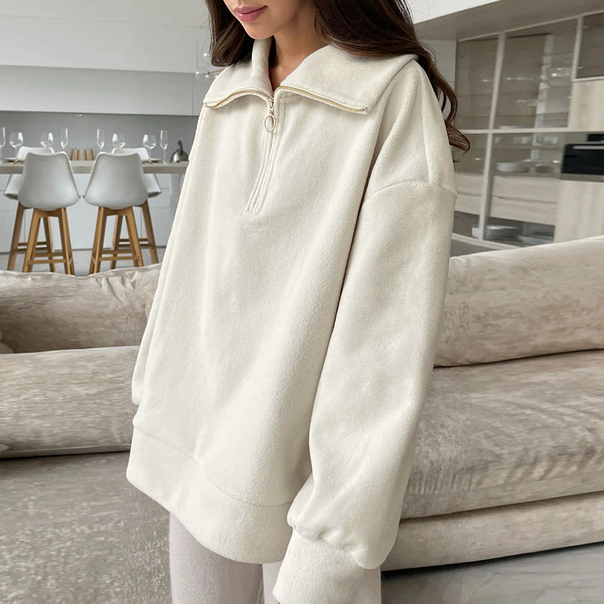 Relaxed Zip-Collar Hoodie – Beige & Espresso