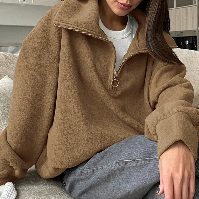 Relaxed Zip-Collar Hoodie – Beige & Espresso